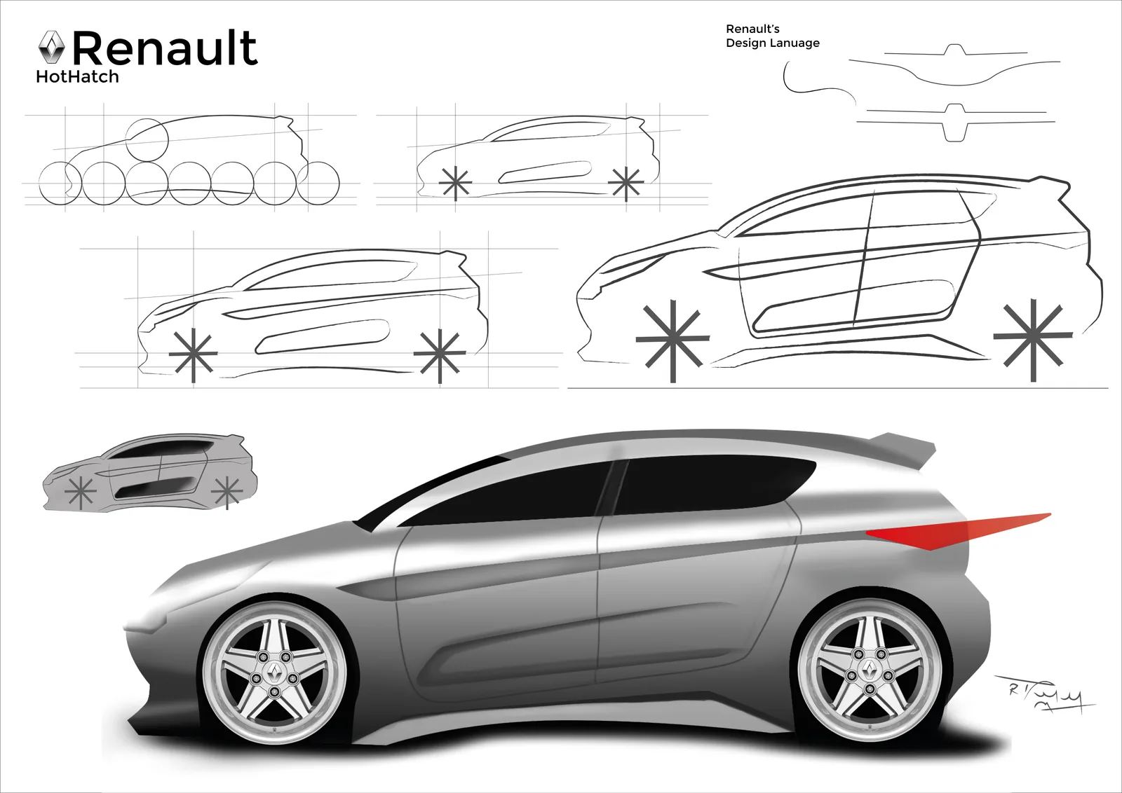 Form ideation sketches against Renault's design language